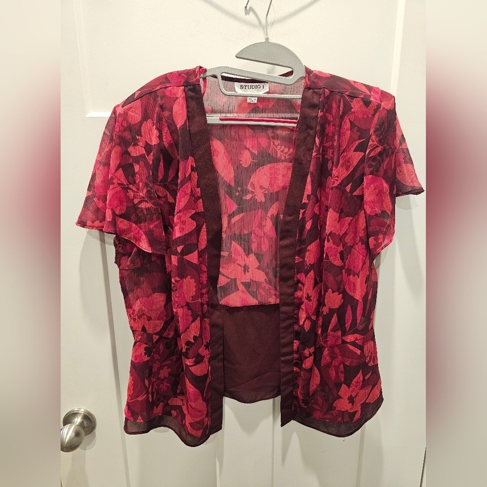 Studio I 14W Burgundy Floral Sheer Blouse Plus Size 2- Top